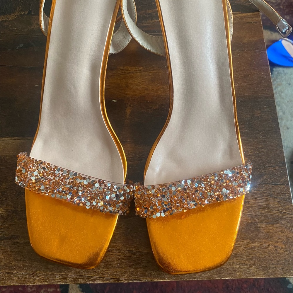 SHEIN Gold and Orange Crystal Embellished Heels